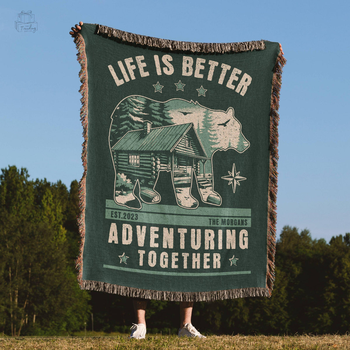 Adventure Throw Blanket Custom Cabin Life Anniversary Gift Wife Husband Newlywed Gifts Nature Lover Personalized Woven Tapestry D1 Graphic Tee – Aesthetic Look · High-Quality Print