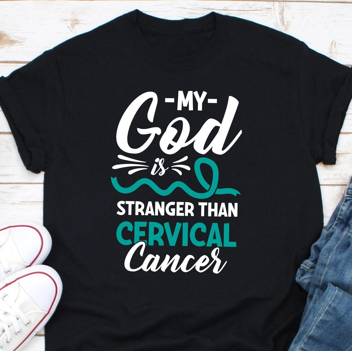 My God Is Stronger Than Cervical Cancer Shirt Cancer Awareness Gift For Cervical Cancer Supporter Fighter Survivor Cervical Cancer Ribbon Graphic Tee – Easygoing Wear · Must-Have Style