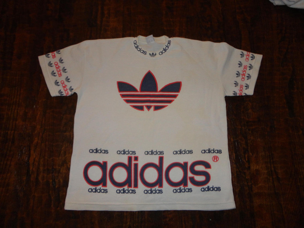 Vintage 8039s ADIDAS AOP All Over Print Tourist Thermal Waffle Knit T Shirt XL Graphic Tee – Cozy Vibes · Great Gift For Fans