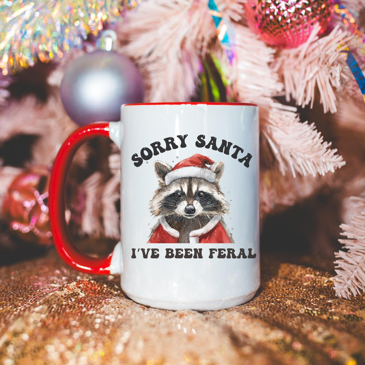 Funny Christmas Mug Raccoon Coffee Mug Holiday Coffee Mug Christmas Gifts Graphic Tee – Cozy Vibes · High-Quality Print