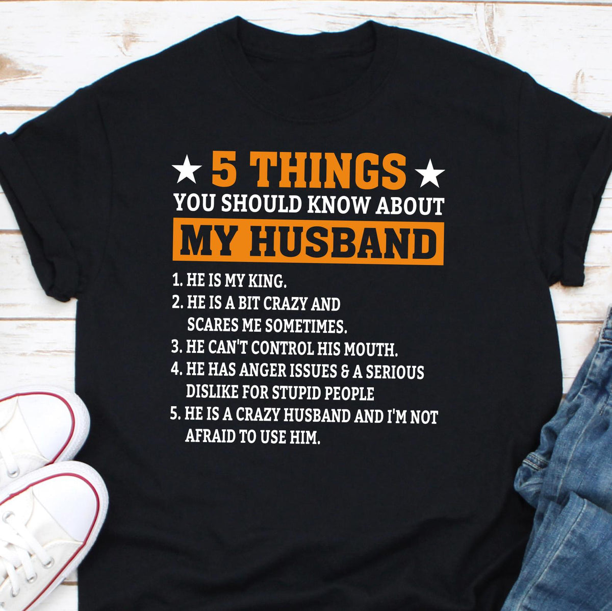 5 Things You Should Know About My Husband Shirt Funny Wife Shirt Husband Tee Funny Gift For Wife Wife Shirt Best Wife Shirt Wife Gift Graphic Tee – Premium Graphic · High-Quality Print