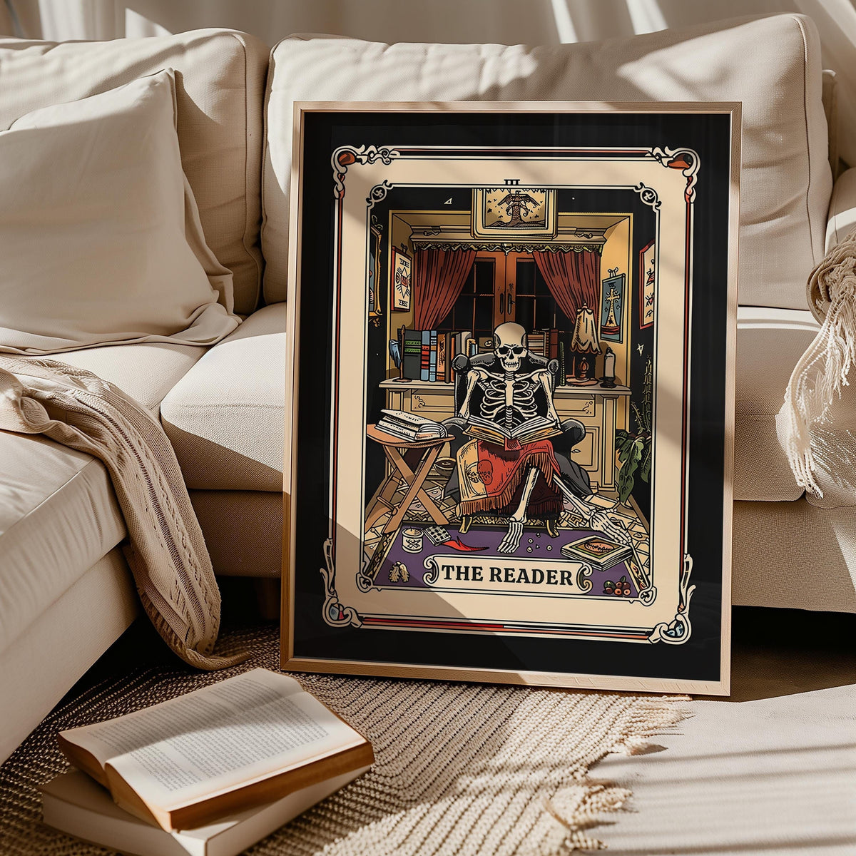 The Reader Tarot Print Skeleton Reader Tarot Card Wall Art Book Lover Gifts Witchy Reading Nook Art Bookish Witchy Library Decor Graphic Tee – Everyday Comfort · High-Quality Print