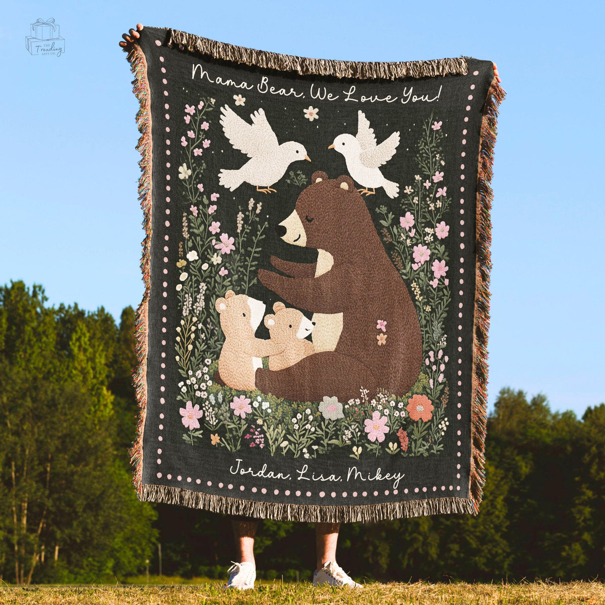 Personalized Blanket Mom Gift Mothers Day Present From Kids Mama Bear Woven Throw Custom Message Woodland Tapestry Unique Home Decor Graphic Tee – Fan Favorite · Trending Graphic Apparel