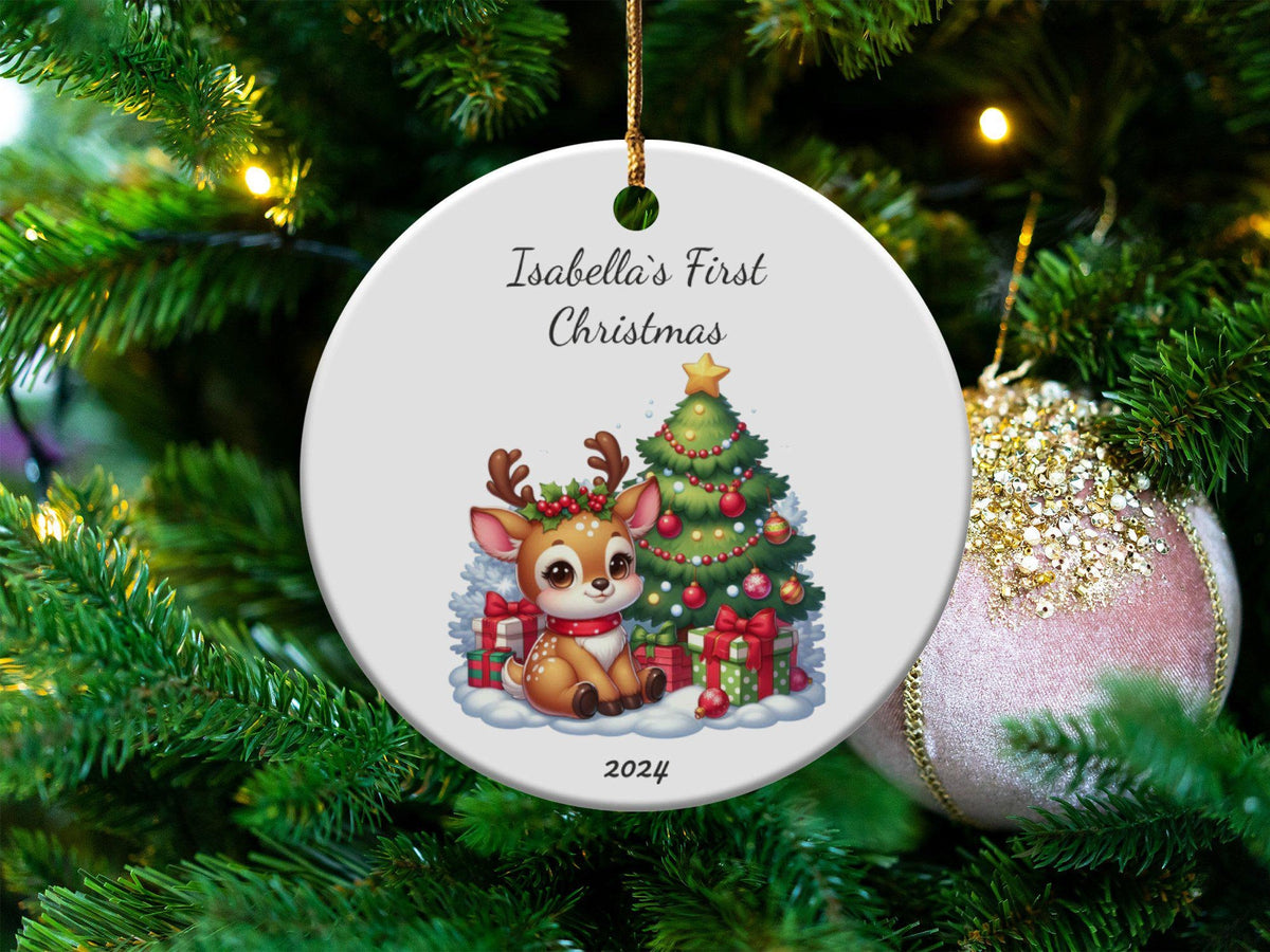Xmas Ornament First Christmas Baby Ornament Ceramic Ornament 2024 Personalized Baby Name Ornament Adorable Reindeer and Christmas Tree 11 Graphic Tee – Soft Feel · Great Gift For Fans