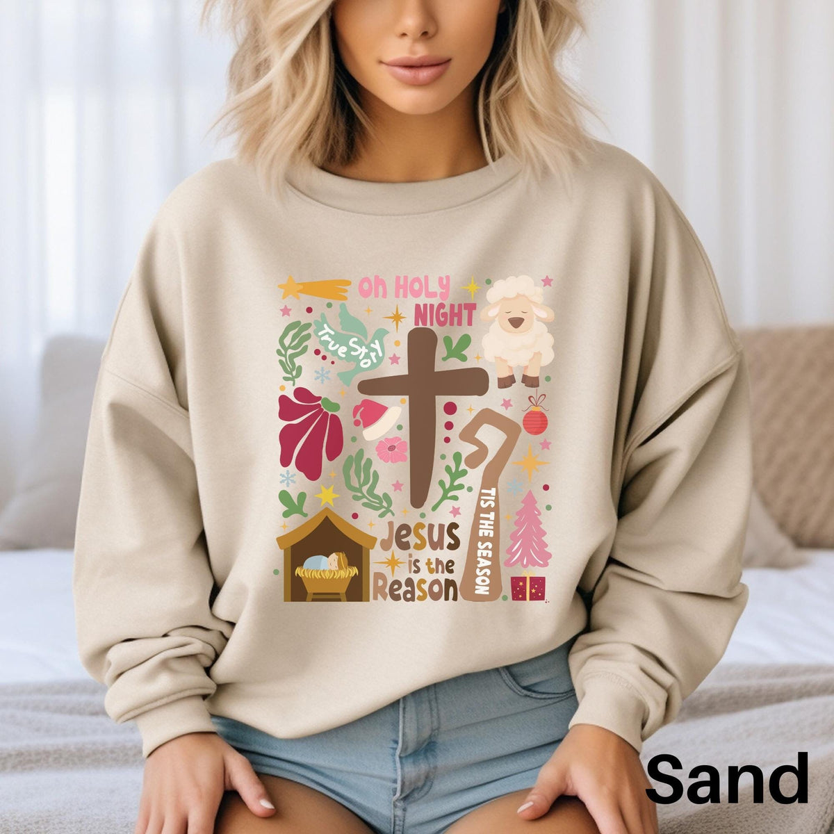 Boho Christian Christmas Sweatshirt Nativity Christmas Sweater Christian Christmas Sweater Religious Christmas Shirt Jesus is The Reason Sweatshirt – Premium Graphic · High-Quality Print
