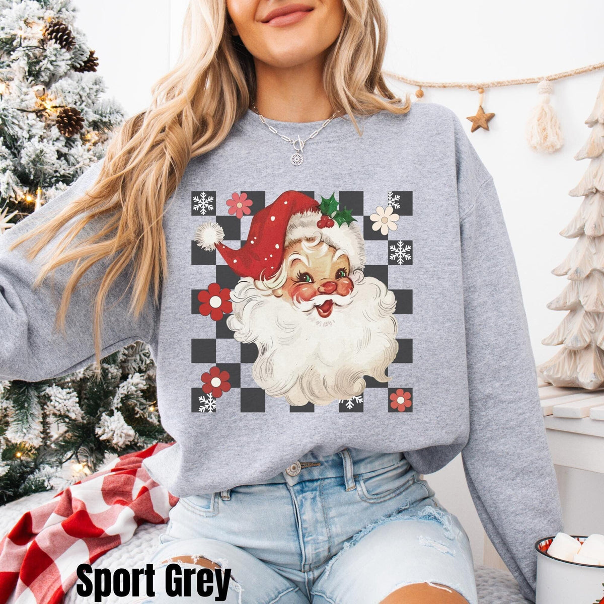 Retro Santa Christmas Sweatshirt Retro Checkered Vintage Santa Sweater Cute Holiday Crewneck Classic Christmas Womens Holiday Sweatshirt Sweatshirt – Easygoing Wear · Top Pick For Any Outfit