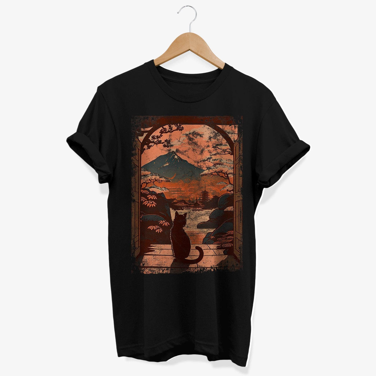 Japanese Cat Tshirt Mount Fuji T Shirt Retro Aesthetic Style Japan Fashion Calm Cat Graphic Tee Sunset Landscape Clothes Graphic Tee – Everyday Comfort · Top Pick For Any Outfit