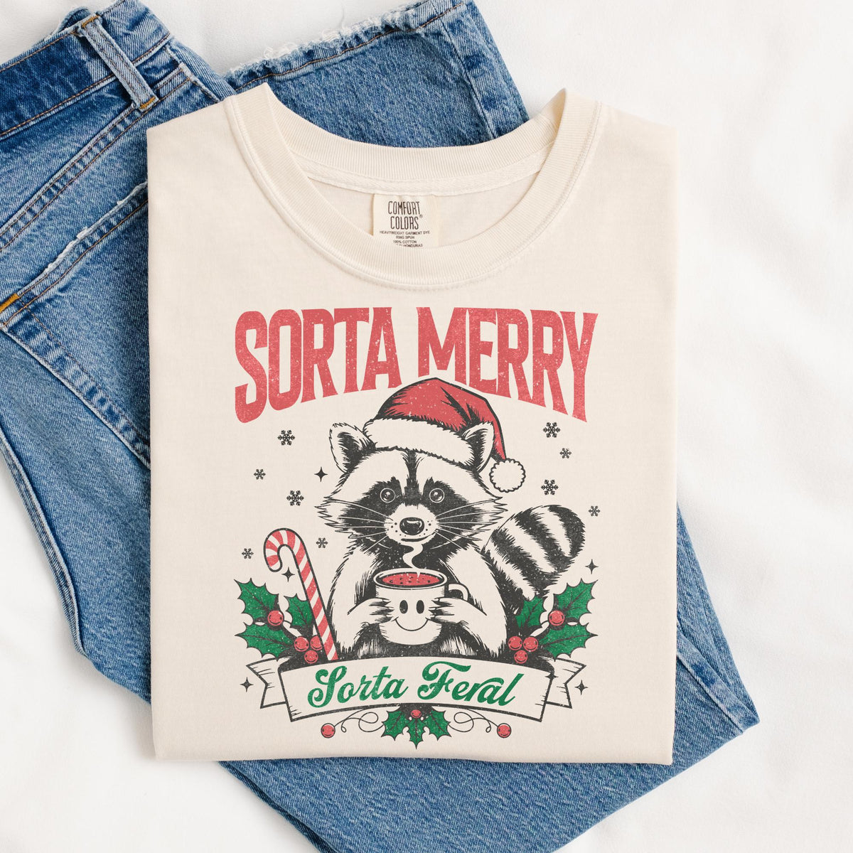Christmas Raccoon Tee Cute Christmas Tee Womens Christmas Tshirt Sorta Merry Sorta Feral Shirt Graphic Tee – Aesthetic Look · Great Gift For Fans