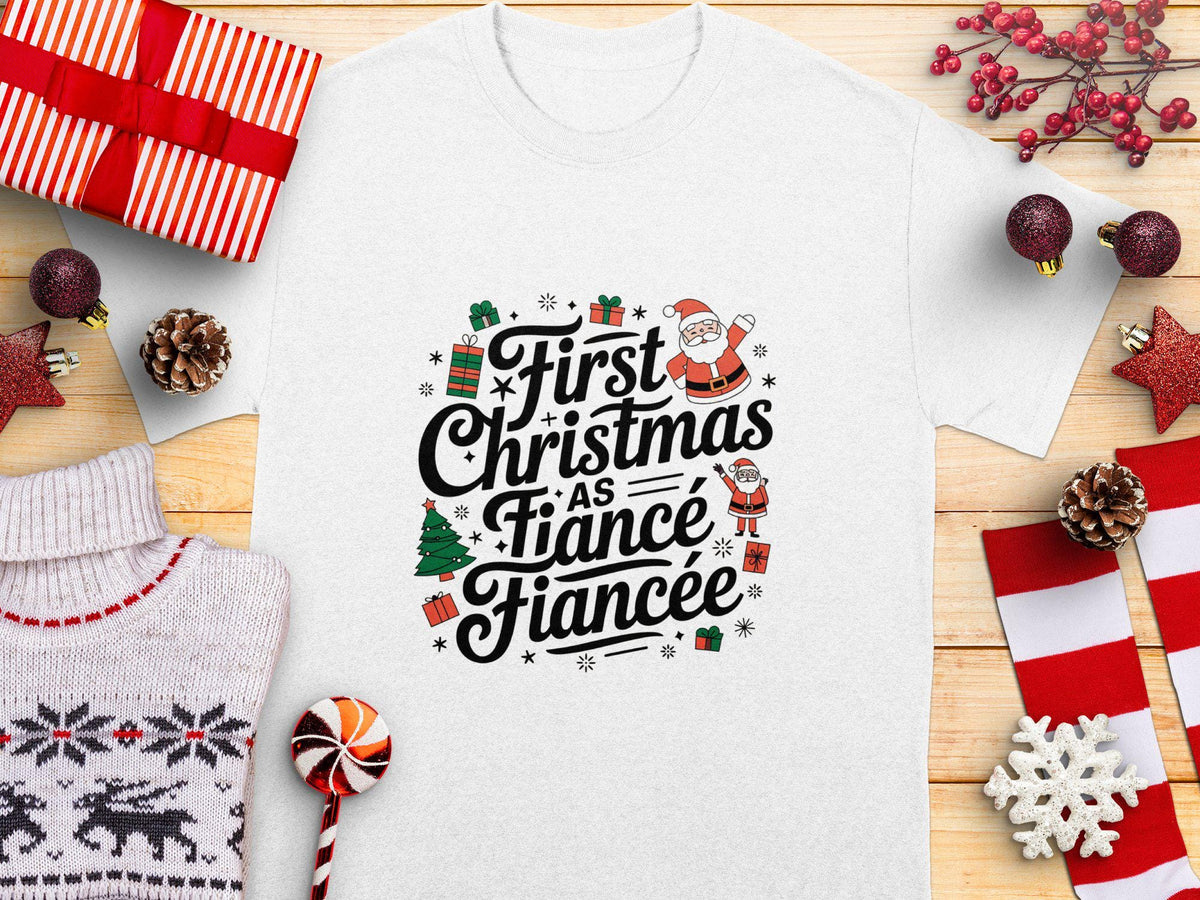 First Christmas as Fiance Fiancee Gift TShirt Cute Holiday Couples Shirt Romantic Christmas Tee Matching Christmas Couple TShirt Graphic Tee – Soft Feel · High-Quality Print