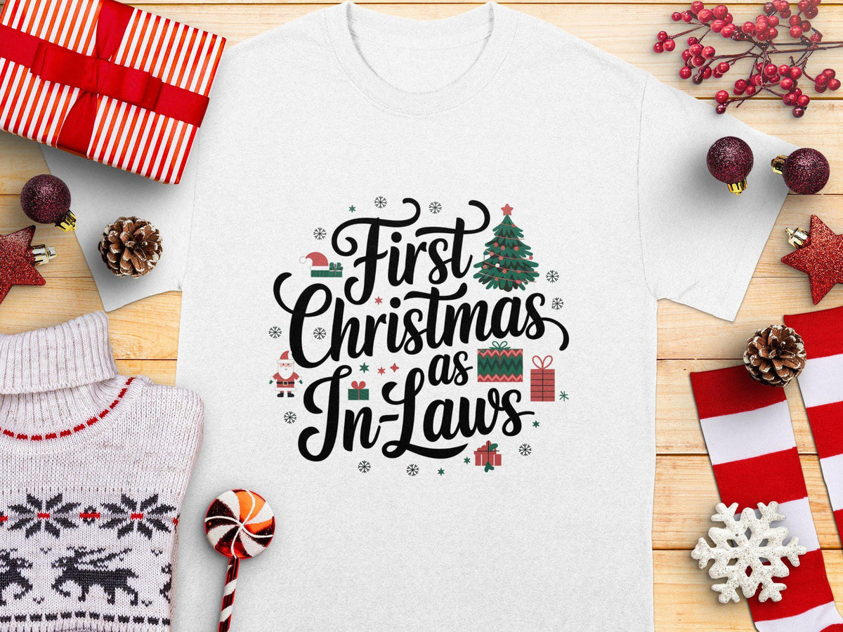 First Christmas as InLaws Cute Christmas TShirt Holiday Gift Funny Xmas Tee Family Christmas Shirt Christmas Celebration Tee Graphic Tee – Cozy Vibes · Trending Graphic Apparel