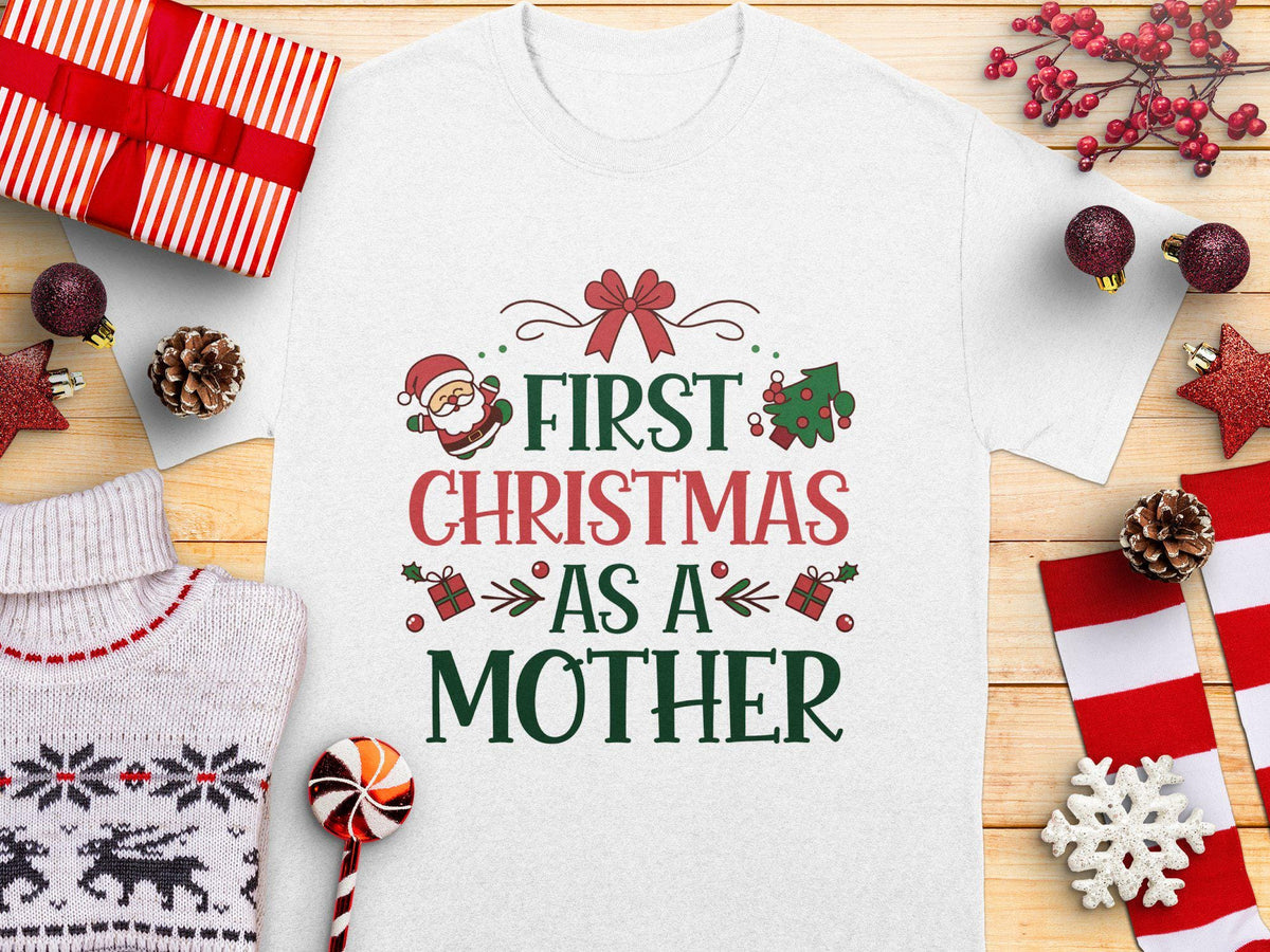 First Christmas As A Mother TShirt Holiday Graphic Tee New Mom Christmas Gift Cute Xmas Top Fun Festive Women Apparel Graphic Tee – Premium Graphic · Great Gift For Fans