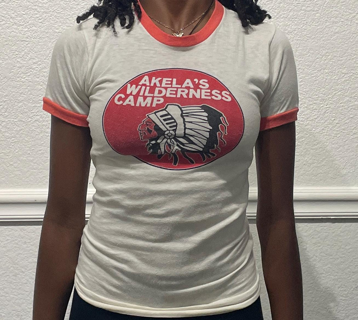 Vintage 90s Akela39s Wilderness Camp white Tshirt modeled size S Graphic Tee – Bold Style · Must-Have Style