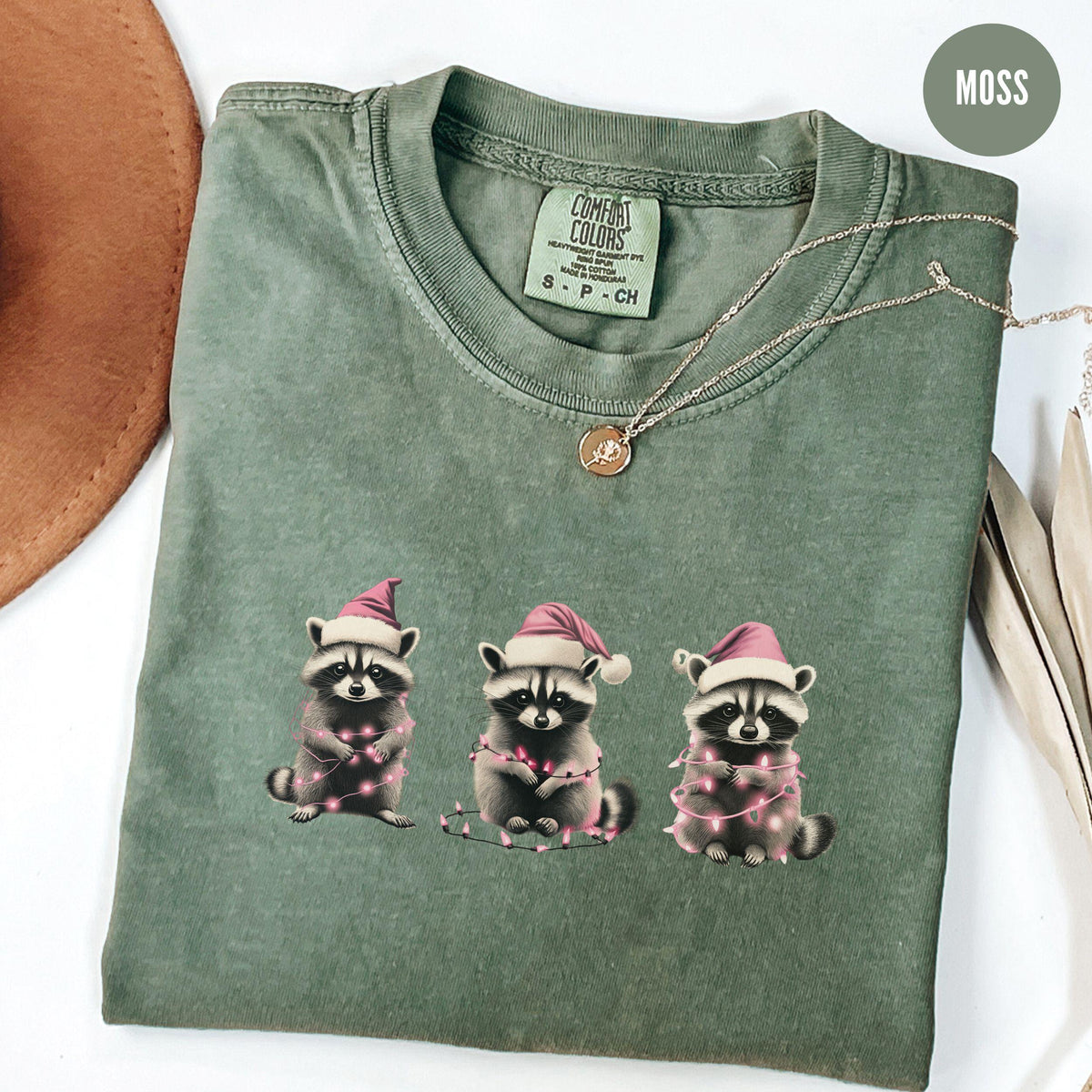 Funny Raccoon Christmas Tshirt Raccoon with Tree Lights Comfort Colors Shirt Pink Christmas Animal Tee Racoon Lover Xmas Gift Graphic Tee – Warm & Stylish · Top Pick For Any Outfit