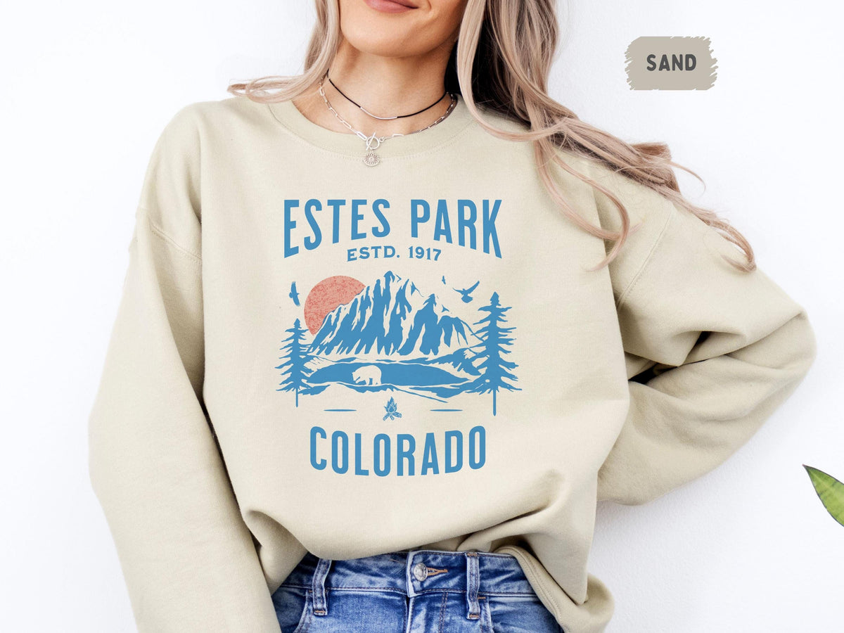 Estes Park Sweatshirt Mountain Graphic Sweater Colorado Vacation Apparel Outdoor Adventure Jumper Unisex Pullover Top Sweatshirt – Feel-Good Design · Great Gift For Fans