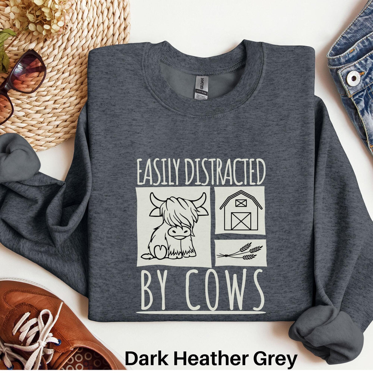 Cows Sweatshirt Easily Distracted By Cows Funny Cow Sweater Farm Animals Sweater Cow Lover Gift Highland Cow Farm Life Shirt Farm Girl Sweatshirt – Feel-Good Design · Top Pick For Any Outfit