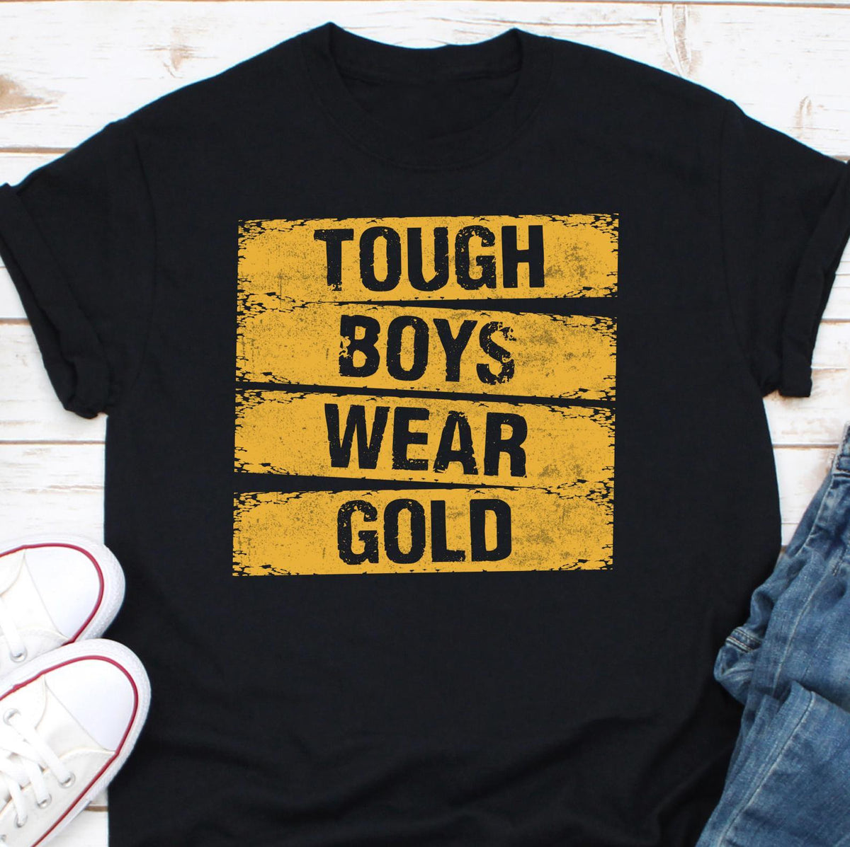 Tough Boys Wear Gold Shirt Childhood Cancer Shirt Childhood Cancer Awareness Support Squad Childhood Cancer Fighter Shirt Gold Ribbon Tee Graphic Tee – Fan Favorite · Great Gift For Fans