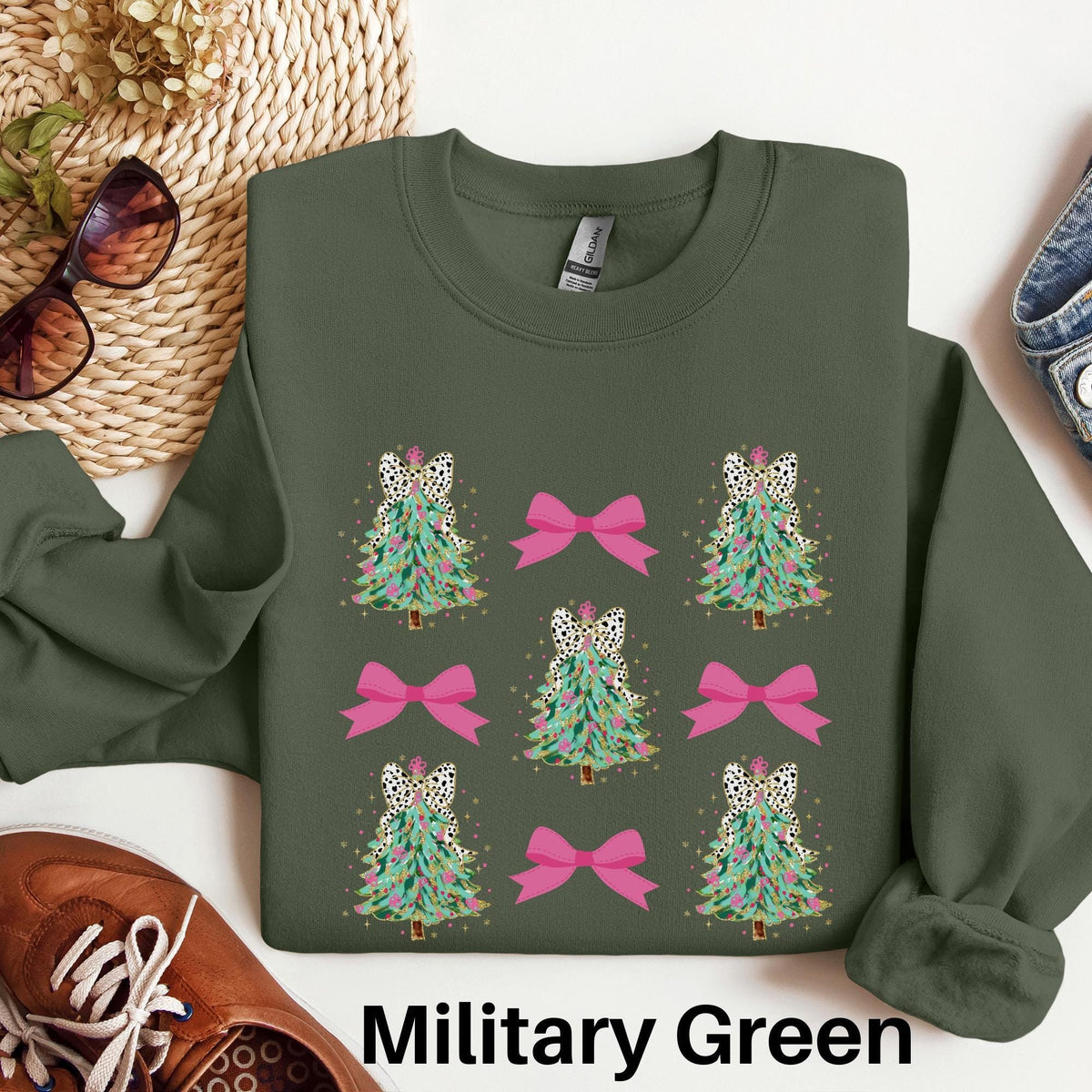 Coquette Christmas Sweatshirt Pink Christmas Tree Faux Glitter Trendy Girly Aesthetic Christmas Sweater Pink Bow Christmas Sweater Sweatshirt – Warm & Stylish · Trending Graphic Apparel