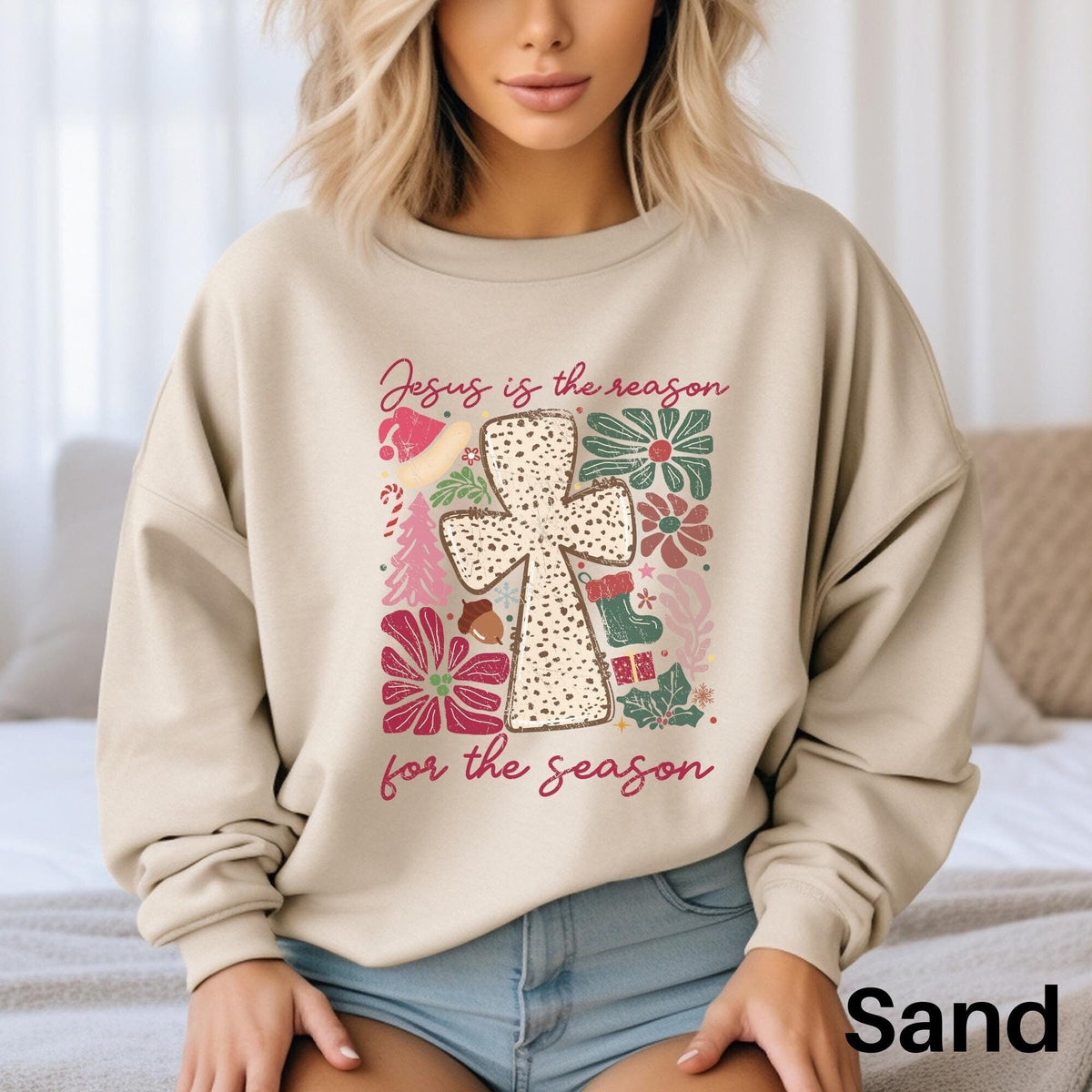 Jesus Is The Reason Boho Christian Christmas Sweatshirt Cross Christmas Sweater Christian Christmas Sweater Religious Christmas Shirt Sweatshirt – Aesthetic Look · Perfect For Daily Wear