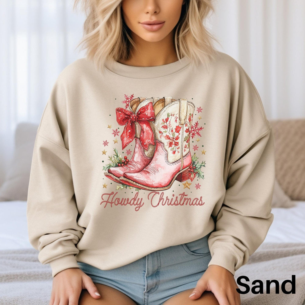Coquette Western Christmas Sweatshirt Cowgirl Boots Christmas Sweater Girly Country Christmas Sweater Cowboy Boots Holiday Sweater Sweatshirt – Easygoing Wear · Perfect For Daily Wear