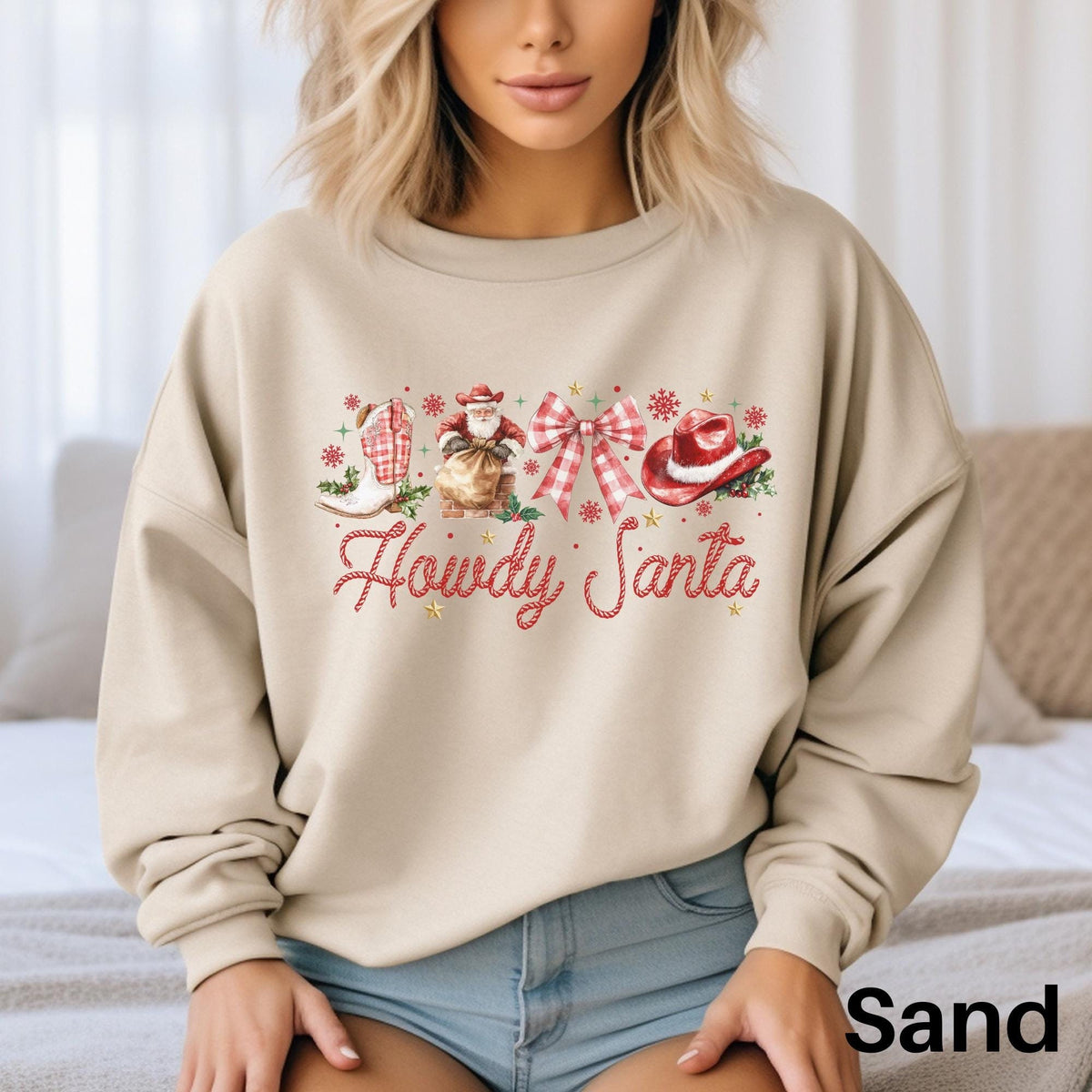 Coquette Howdy Santa Western Christmas Sweatshirt Cowgirl Boots Christmas Sweater Girly Country Christmas Cowboy Boots Holiday Sweater Sweatshirt – Premium Graphic · Trending Graphic Apparel