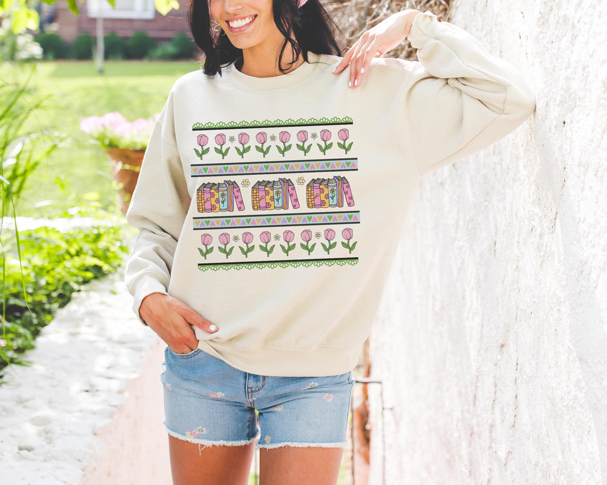 Cute Book Sweatshirt with Flowers for Reading Silly Bookish Crewneck for Friend Who Loves Romance Novels School Librarian 90s Aesthetic Sweatshirt – Bold Style · Perfect For Daily Wear
