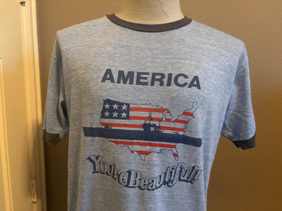 Vintage 80s America Youre Beautiful Military Ship Heather Blue Ringer Tshirt M Graphic Tee – Cozy Vibes · High-Quality Print