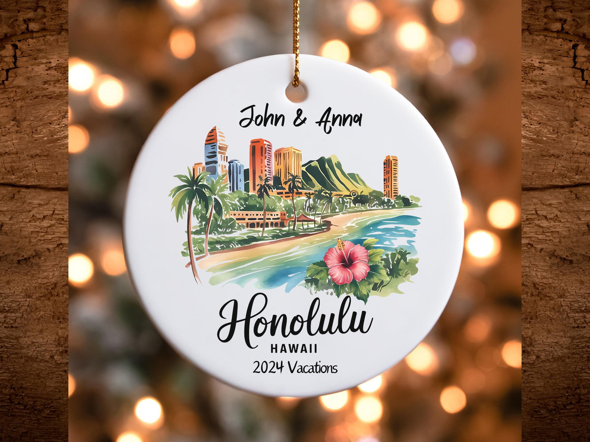 Honolulu Hawaii Personalized Ceramic Ornament Christmas Tree Decoration Holiday Gift Tropical Island Theme Custom Keepsake YearRound Graphic Tee – Feel-Good Design · Must-Have Style