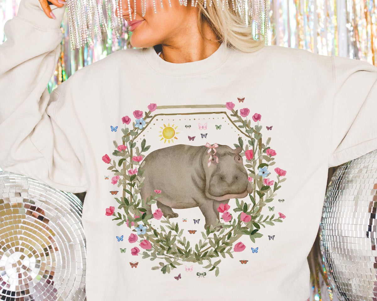 Cute Animal Lover Sweatshirt for Trip to Zoo or for Science Teacher Teaching About Animals Adorable Floral Hippopotamus with Butterflies Sweatshirt – Easygoing Wear · Great Gift For Fans