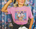 Colorful Cat Mom Tee Shirt with Two Cute Kittens Sitting in a Basket Overflowing with Flowers Boho Butterflies and Bows Silly Cat Dad Graphic Tee – Aesthetic Look · Great Gift For Fans