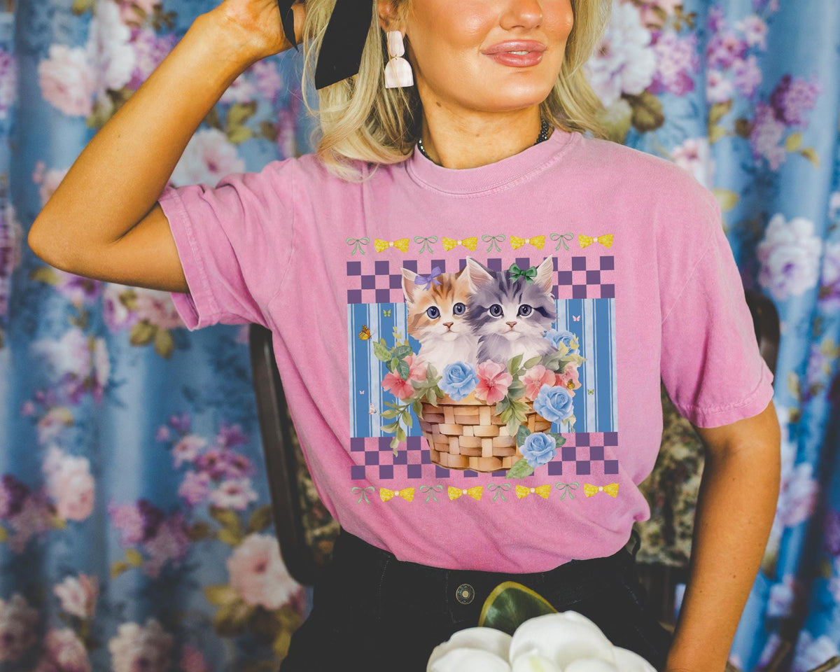 Colorful Cat Mom Tee Shirt with Two Cute Kittens Sitting in a Basket Overflowing with Flowers Boho Butterflies and Bows Silly Cat Dad Graphic Tee – Aesthetic Look · Great Gift For Fans