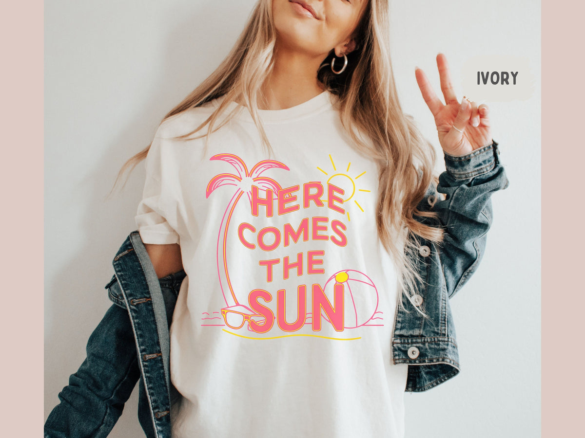 Here Comes The Sun shirt Retro Comfort Colors summer Tshirt Neon shirt Beach Sweater Summer TShirt gift sun shirt Coconut girl Surt tee Graphic Tee – Premium Graphic · Great Gift For Fans