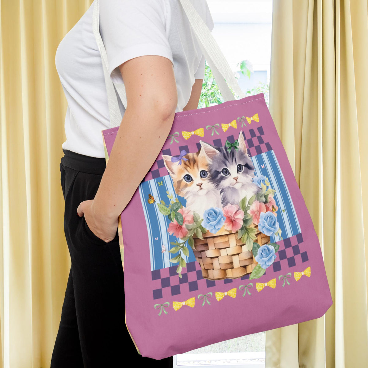Colorful Cat Mom Tote Bag with Two Cute Kittens Sitting in a Basket Overflowing with Flowers Boho Butterflies and Bows Silly Cat Dad Tote Bag – Everyday Comfort · Trending Graphic Apparel