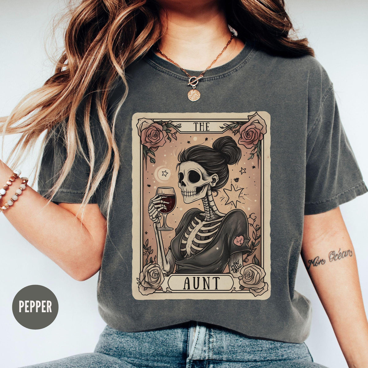 The Aunt Tarot Card Shirt Women Skeleton Tshirt Wine Lover Aunt Tee Mothers Day Auntie Gift Pregnancy Reveal to Sister Graphic Tee – Feel-Good Design · Great Gift For Fans