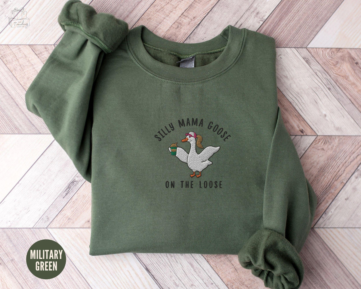 Silly Goose Embroidered Mama Sweatshirt Coffee Lover Mom Crewneck Funny Goose Gift Pregnancy Announcement Sweater Iced Coffee Shirt Sweatshirt – Fan Favorite · Must-Have Style