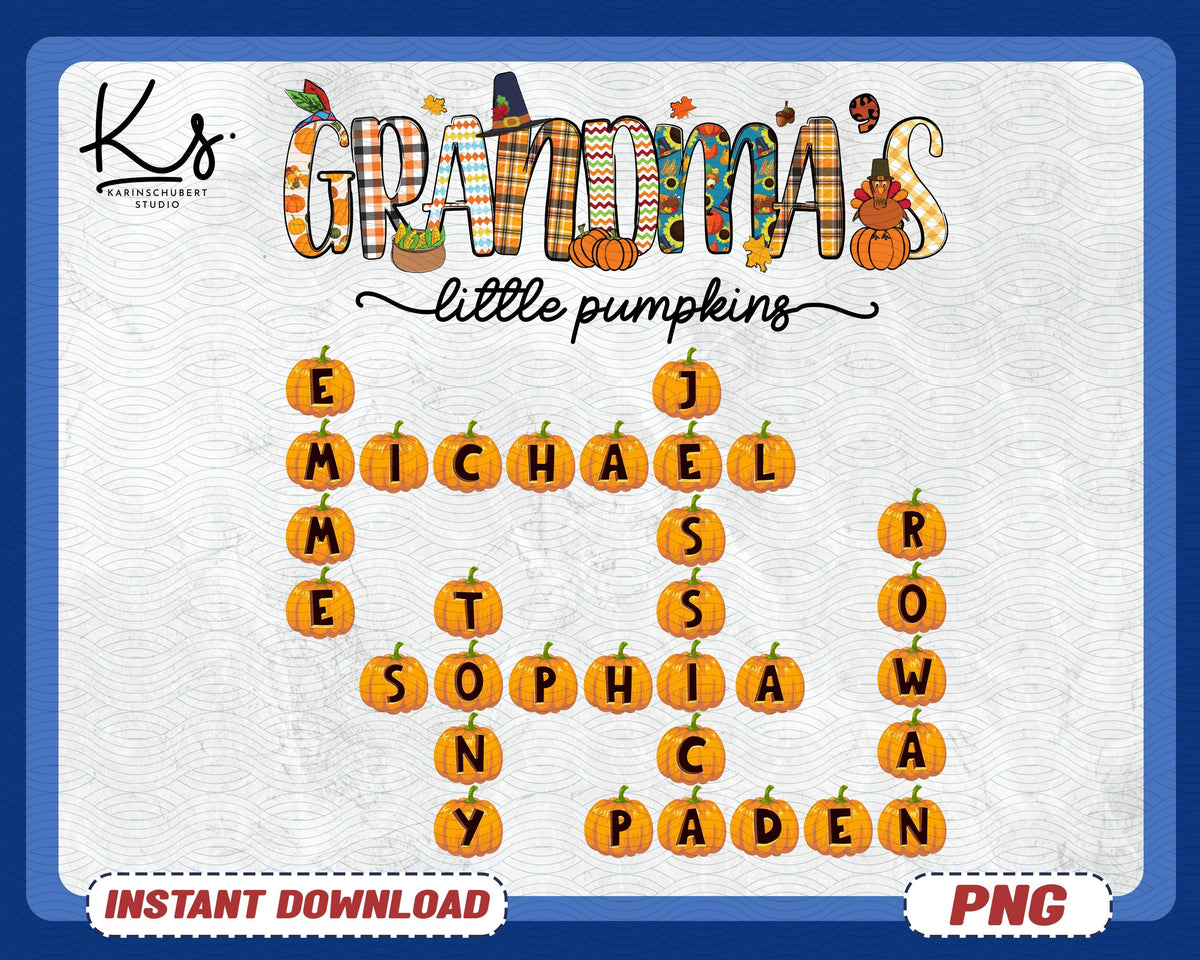 Personalized Grandma Little Pumpkin Png Custom Cross Word Puzzle With Names Png Pumpkin Fall Season Png Grandma Mimi Nana Gigi Fall Png Graphic Tee – Cozy Vibes · Must-Have Style