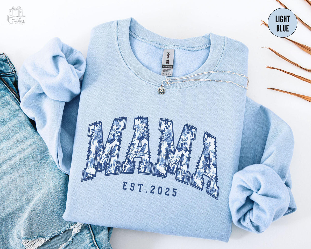 Floral Custom Mama Est Shirt Toile Custom Mama Sweatshirt First Mothers Day Crewneck New Mom Baby Shower Gift Chinoiserie Mama Sweater Sweatshirt – Soft Feel · Perfect For Daily Wear