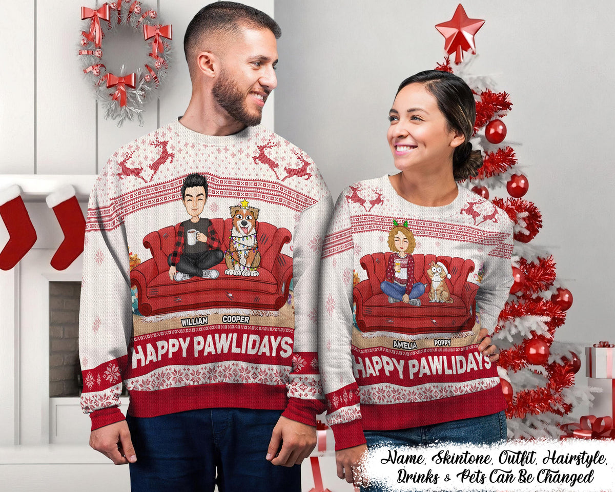 Happy Pawlidays Sweatshirt Ugly Christmas Sweater Personalized Dog And Cat Ugly Sweater Funny Christmas Gift For Pet Owners Pet Lovers Sweatshirt – Everyday Comfort · Great Gift For Fans