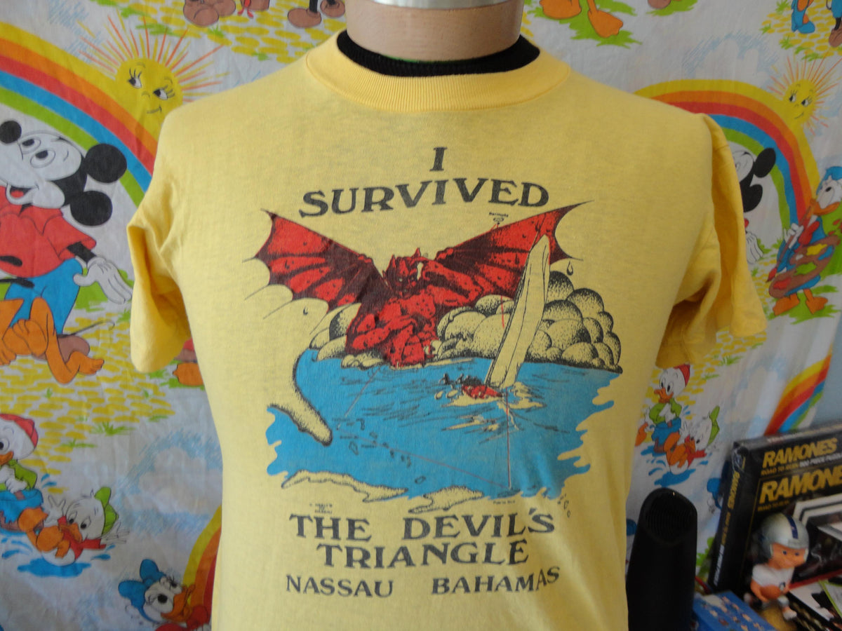 Vintage 7039s I Survived The Devils Triangle Nassau Bahamas Tourist Yellow T Shirt S Graphic Tee – Aesthetic Look · Great Gift For Fans