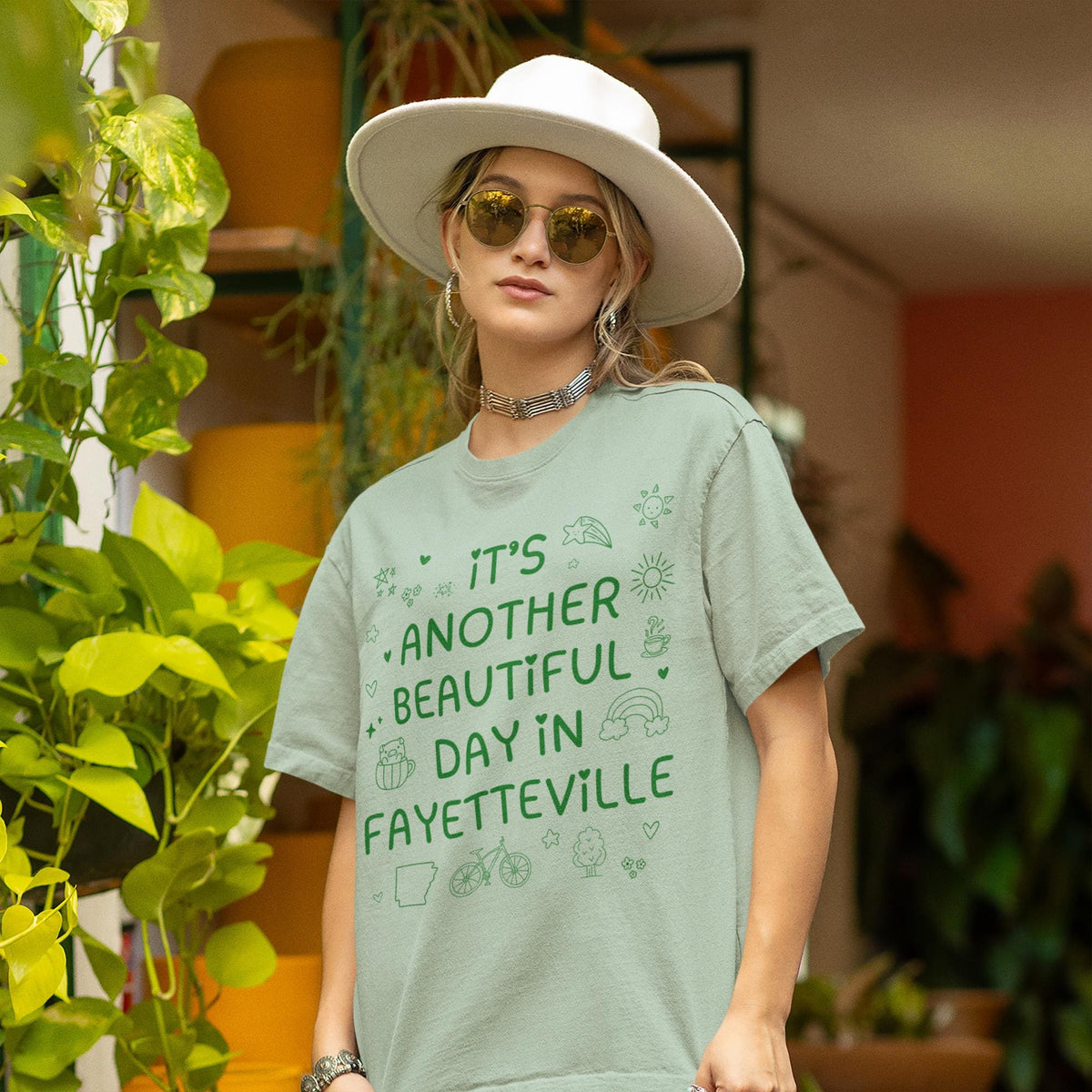 Fayetteville Arkansas Doodle Tee Shirt Adorable Y2K Aesthetic Another Beautiful Day in Fayetteville Cute Arkansas Lover Tee with Hearts Graphic Tee – Everyday Comfort · Great Gift For Fans