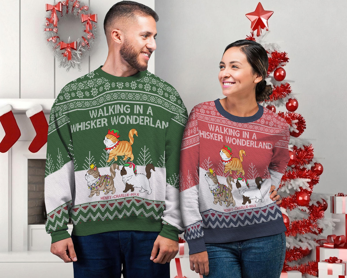 Personalized Cat Christmas Ugly Sweater Walking In A Whiskers Wonderland Funny Christmas Gift For Cat Owner Cat Lover Cat Mom Dad Sweater Graphic Tee – Cozy Vibes · High-Quality Print