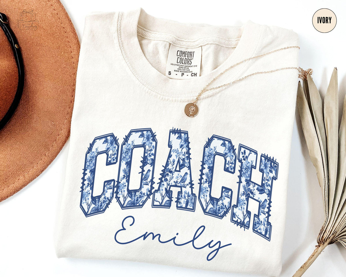 Toile Personalized Coach Shirt Custom Coach GiftCheer Coach Tshirt Coach Name Shirt Gifts for Coach Game Day Shirt Floral Coach Gifts Graphic Tee – Soft Feel · High-Quality Print