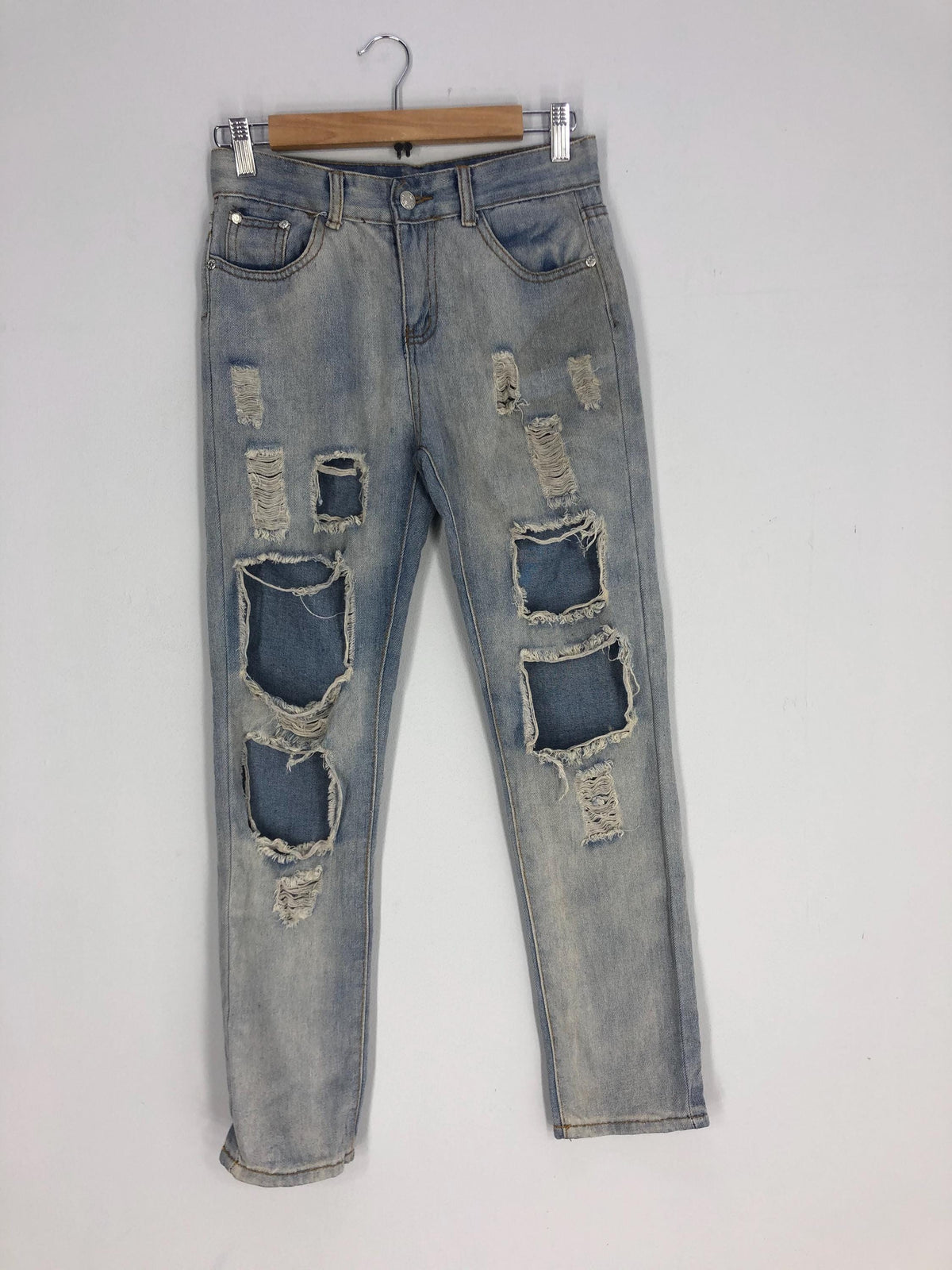 Size 27x37 Unbrand Patchwork Style Jeans Stone Washed Denim Distressed Ripped Blue Jeans Ripped Pant Casual Fashion Style W27 Graphic Tee – Bold Style · Great Gift For Fans