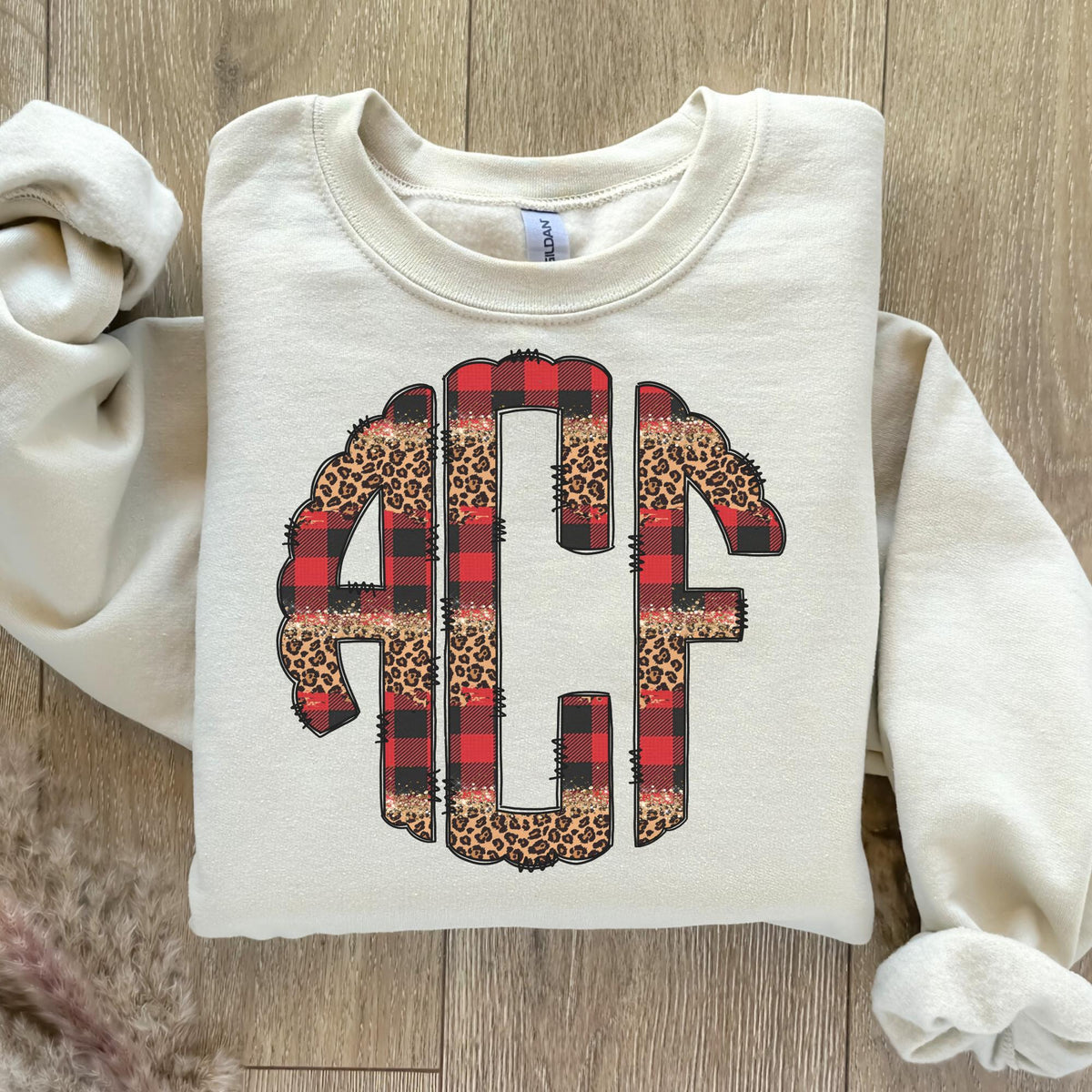 Custom Faux Embroidery Monogrammed Christmas Sweatshirt Buffalo Plaid Monogram Leopard Monogram Christmas Monogram Sweatshirt – Cozy Vibes · Great Gift For Fans