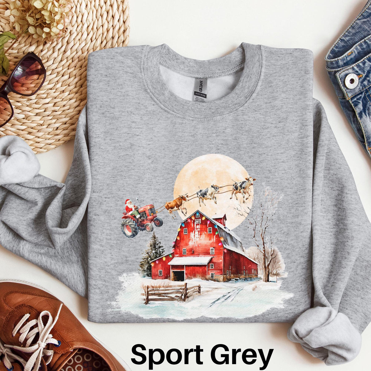 Santa On A Tractor Christmas Sweater Small Town Christmas Cows Sweatshirt Country Christmas Sweater Family Farm Life Barn Christmas Shirt Sweatshirt – Premium Graphic · Great Gift For Fans