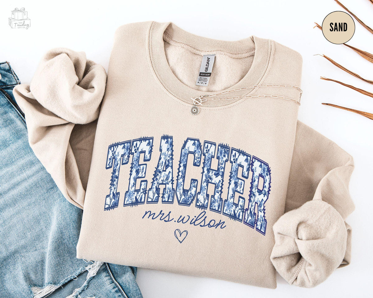 Personalized Teacher Sweatshirt Toile Teacher Crewneck Chinoiserie Custom Teacher Appreciation Gift New Teacher Floral Teach Sweater Sweatshirt – Soft Feel · Trending Graphic Apparel