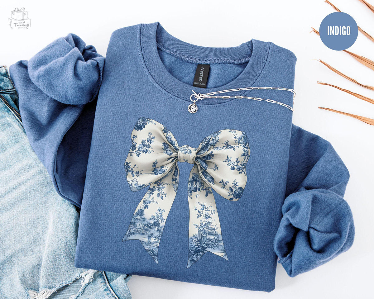 Coquette Bow SweatshirtToile De Jouy Blue Ribbon Sweatshirt Girly Aesthetic Crewneck Cute Coquette Bow Shirt Toile Blue Bow Sweater Sweatshirt – Premium Graphic · Top Pick For Any Outfit