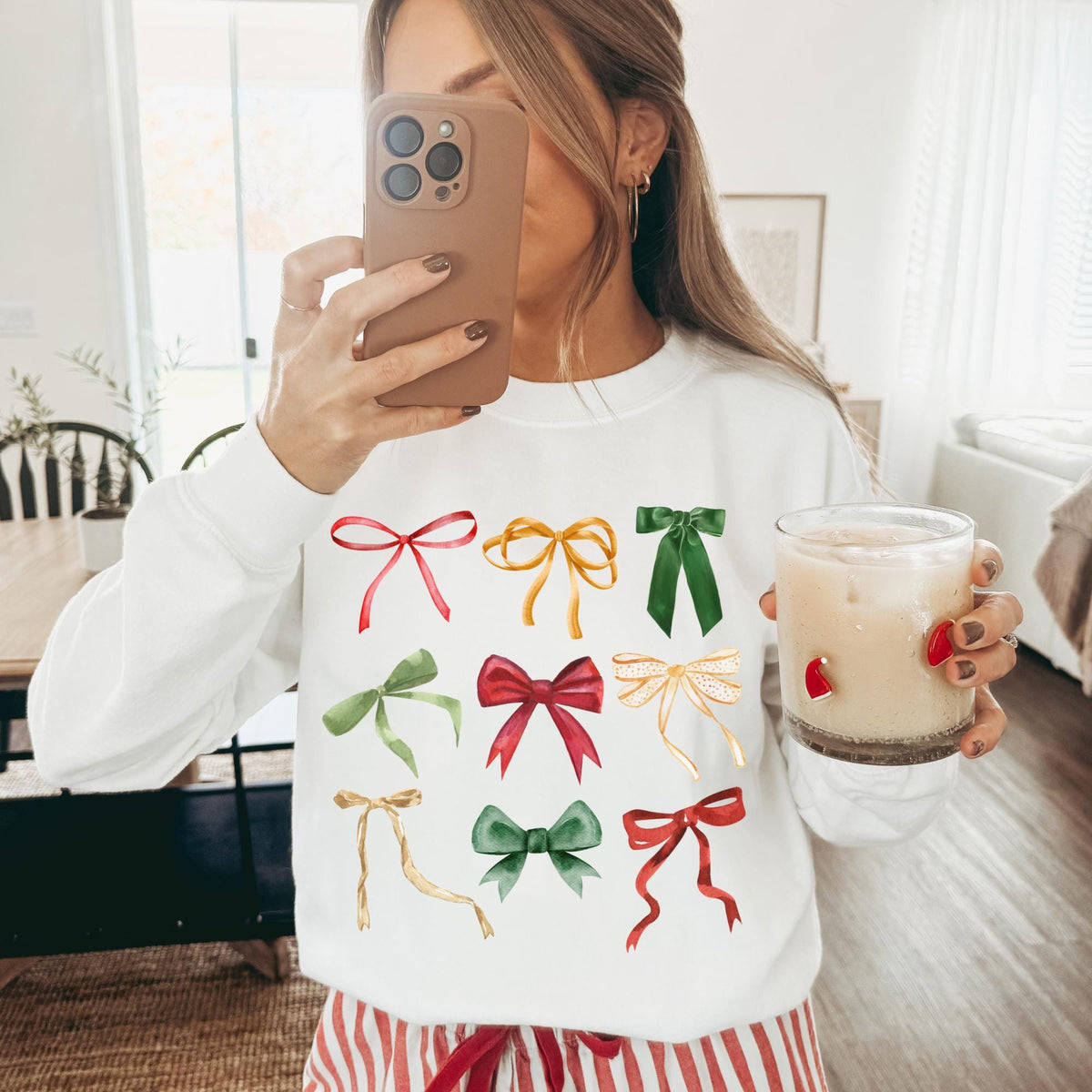 Coquette Bow Sweatshirt Cute Red Ribbon Santa Sweatshirt Merry Christmas Bows Sweater Christmas Gift Gift For Women Sweatshirt – Aesthetic Look · Top Pick For Any Outfit
