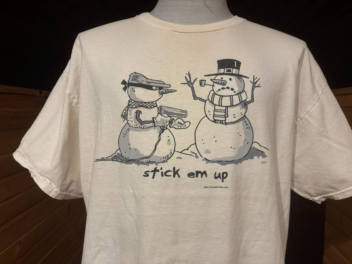 Vintage 9039s Stick Em Up Funny Snowman Christmas Cartoon T shirt XL Graphic Tee – Soft Feel · High-Quality Print
