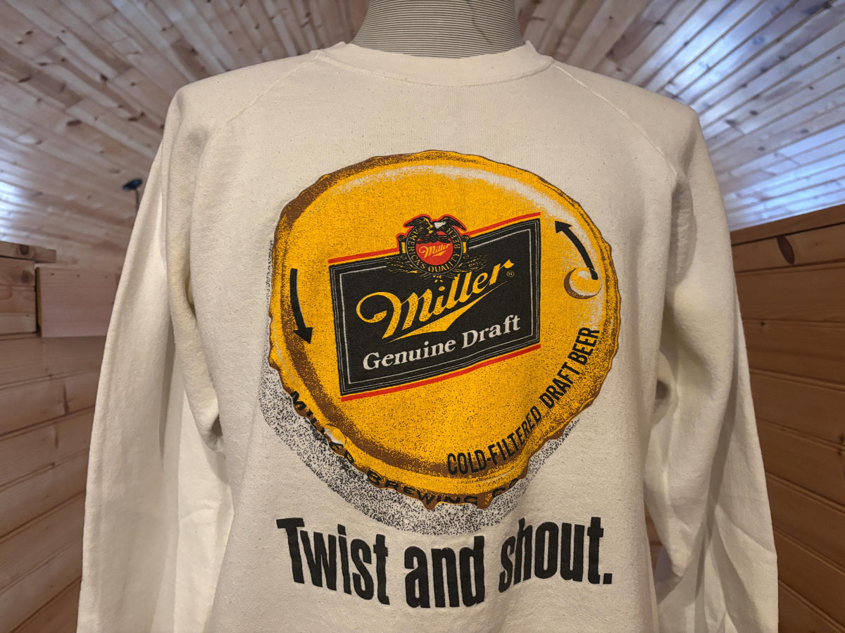 Vintage 9039s Miller Genuine Draft Beer Twist And Shout MGD white Crewneck Sweatshirt XL Sweatshirt – Aesthetic Look · High-Quality Print