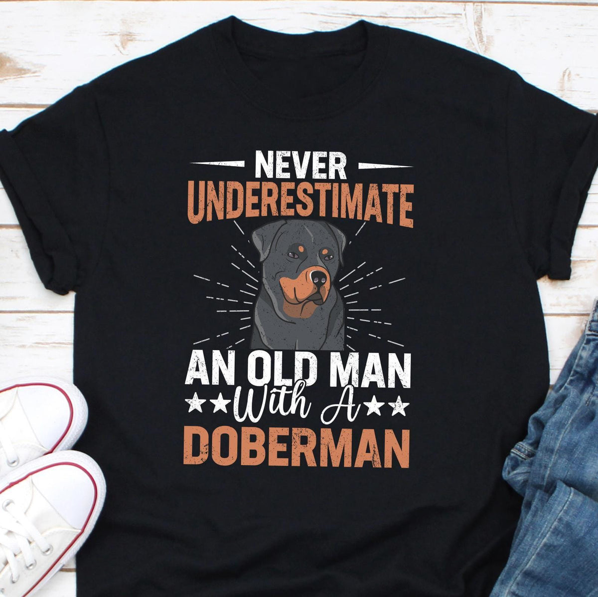 Never Underestimate An Old Man With A Doberman Shirt Doberman Dog Gift Gift For Old Man Dog Lover Shirt Dog Lover Old Man Graphic Tee – Aesthetic Look · Great Gift For Fans